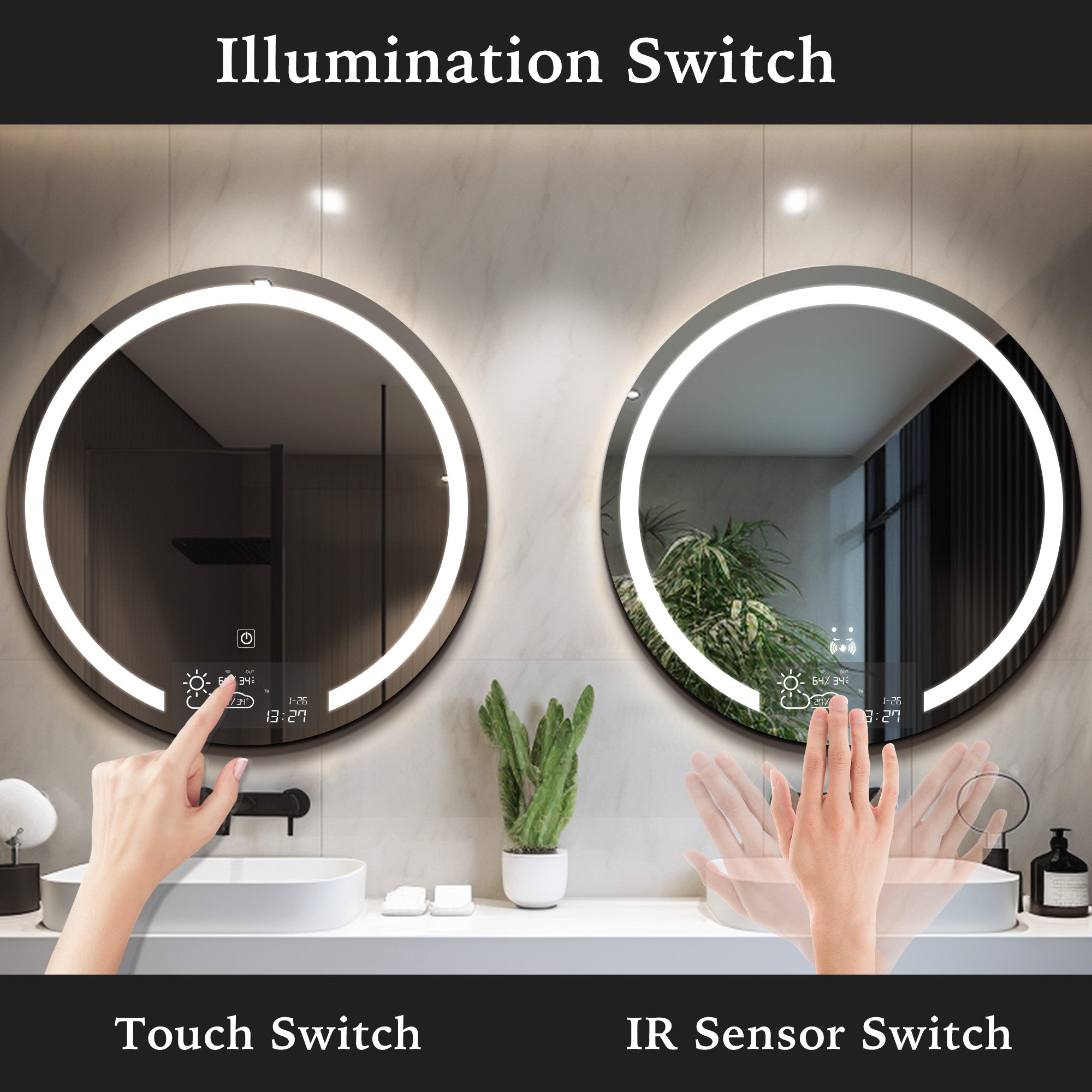SINOPE Round Custom LED Mirror with WiFi Weather Station